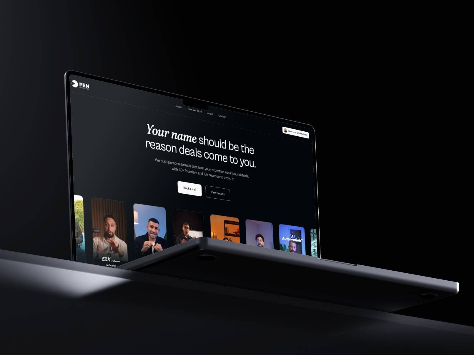 Pen Production landing page — personal brand agency with scroll animation